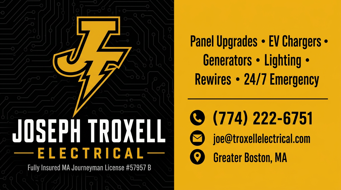 Joseph Troxell Electrical business card — (774) 222-6751, joe@troxellelectrical.com, Greater Boston MA